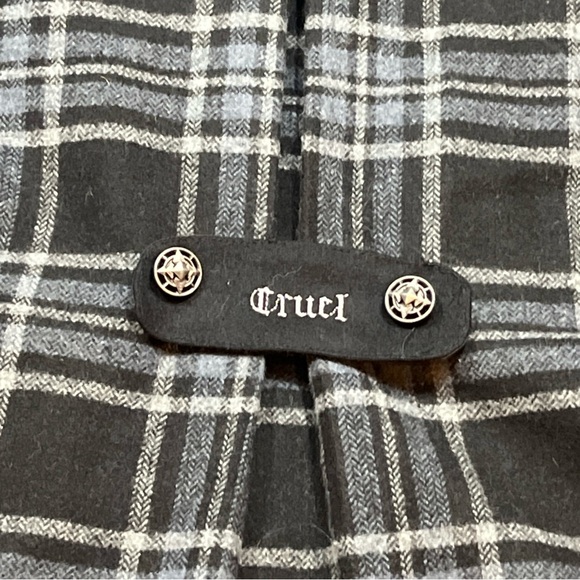 CRUEL black PLAID military Jacket zip Coat Gray Wool Blend Steampunk Goth Small - Picture 2 of 16
